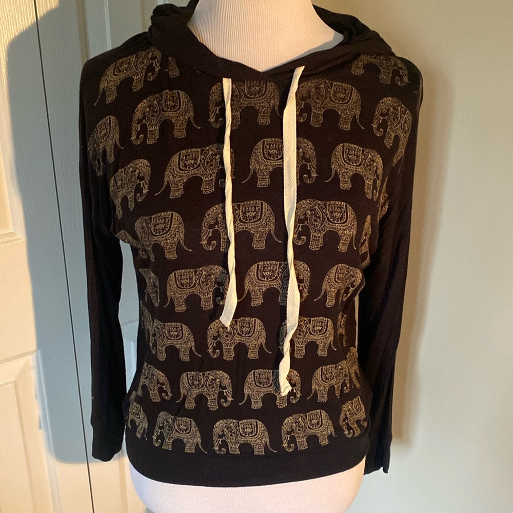 Vintage Spoiled Black Hooded Long Sleeve T-shirt with Golden Elephants